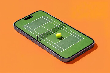 Tennis court and ball on smartphone screen representing modern sports marketing, training apps, match streaming, ticket sales online, tournaments with copy space for commercial banner mockup