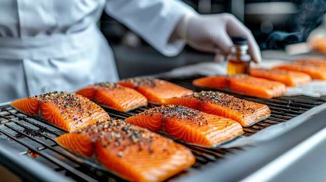Food scientist in white lab coat inspecting salmon fillets on smoker rack  