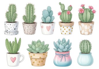 A charming collection of watercolor potted cacti and succulents in decorative pots perfect for home decor and gardening enthusiasts