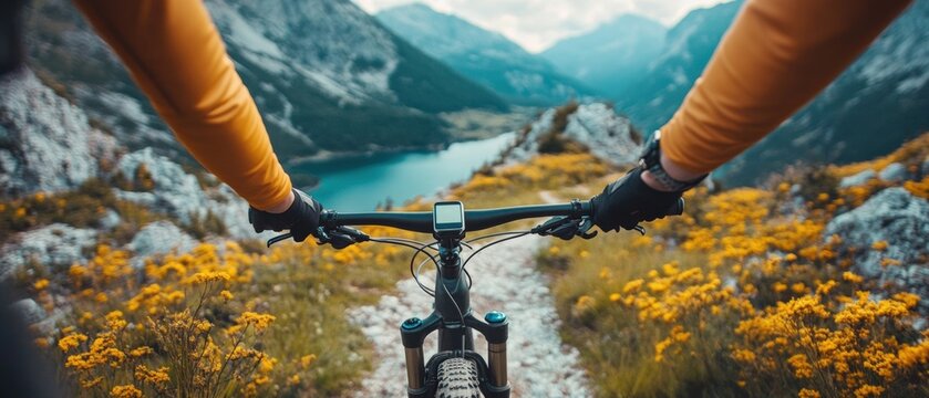 Mountain biking adventure scenic valley sport vibrant nature rider's perspective thrilling experience - Powered by Adobe