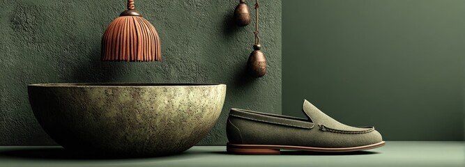 Minimalist leather beret and moccasin display in Florence creating harmony and balance