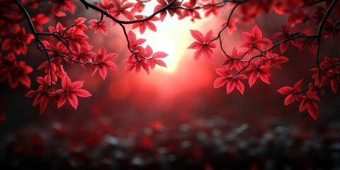 Captivating sunset over red maple leaves in nature scenic landscape tranquil environment artistic viewpoint