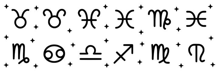 Collection of twelve astrological zodiac sign symbols, outlined in black against a white background with subtle star patterns.