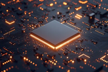 Closeup view of electronic circuit board highlighting microchip with glowing connections at night, Close-up of electronic circuit board with microchip, technology