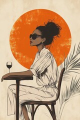 Stylish woman sitting at high chair with minimal background