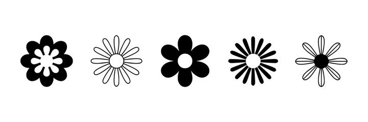Fototapeta premium Collection of five stylized floral icons in black and white, including filled and outline designs