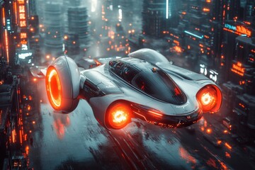 Futuristic hovercraft racing through neon-lit cityscape urban environment high-tech concept aerial view