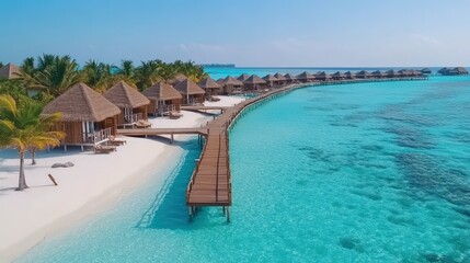 Fototapeta premium Tropical ocean villa vacation destination on sandy beach with clear water and blue skies