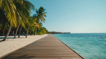 Tropical beach boardwalk with palm trees and ocean view for travel and vacation
