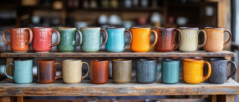 Colorful ceramic mugs display artisan market product rustic artisanal craftsmanship