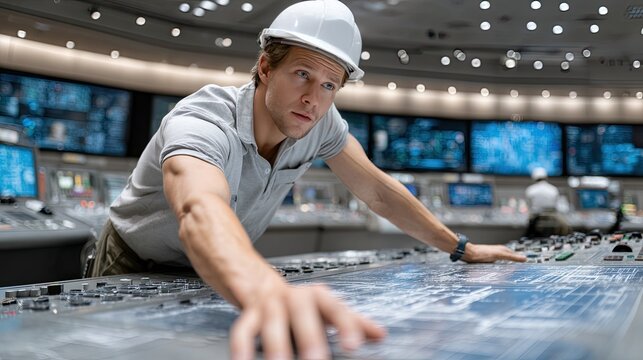 Professional in safety gear operates a control panel with numerous screens displaying data in a technology-focused environment