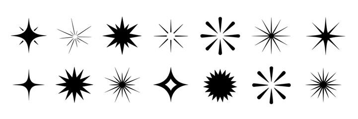 Fototapeta premium Set of twelve black and white vector sparkle and starburst icons. Collection of various monochrome star shapes, sparks, and glittering bursts with different line weights and point styles for graphic d