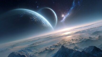 Celestial phenomena showcasing twin planets above icy mountain landscape space exploration art cosmic viewpoint sci-fi concept