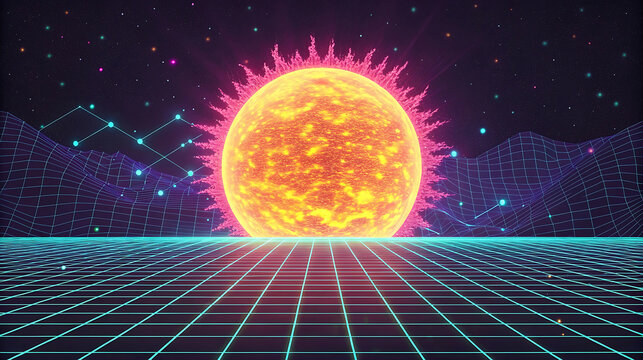 A retro synthwave landscape features a glowing sun and neon grid, evoking a futuristic vibe
