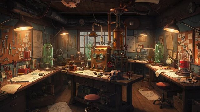 Vintage workshop filled with tools and inventions