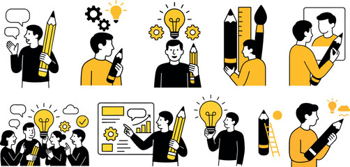 Creative Teamwork and Idea Generation Icon Set &ndash; Brainstorming, Collaboration, Innovation, Pencil, Lightbulb, Vector Clipart