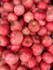Vibrant display of fresh red apples piled high in a farmers market. Abundance of healthy fruit for sale, perfect for grocery and healthy eating. Summer harvest