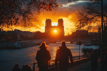 Sunset stroll by the seine river notre-dame cathedral paris scenic view romantic ambiance evening glow