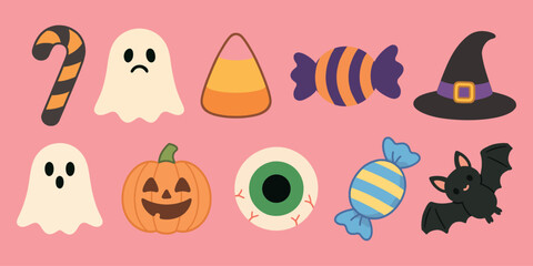 Cute Halloween Icon Set – Ghost, Pumpkin, Candy, Witch Hat, Bat, Eyeball, Trick or Treat Vector Clipart