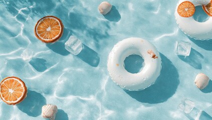 White donut float in turquoise water with ice cubes, dried orange slices, and seashells; summery, refreshing aesthetic