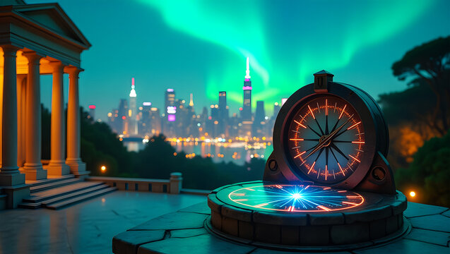 Futuristic Sundial Compass Overlooking City and Aurora