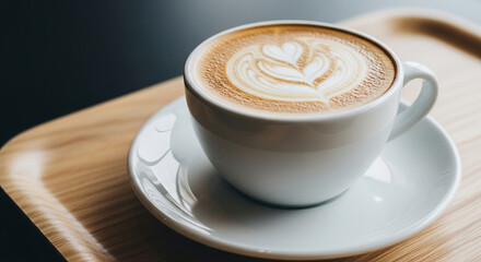 Fototapeta premium Latte Art Perfection in a White Cup: A Cozy Coffee Moment, Cappuccino in a Ceramic Cup with Heart-Shaped Latte Art on Wooden Tray