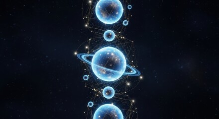 Fototapeta premium Celestial Symphony: A digital representation of a solar system. Planets arranged along a vertical line, connected by a network of luminous lines and dots, set against a dark, star-studded backdrop.