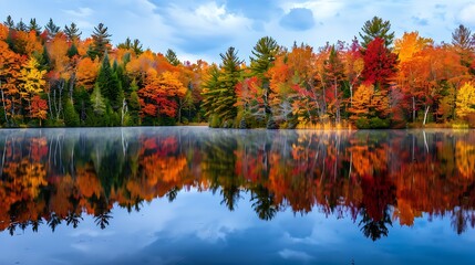 Obraz premium Vibrant Autumn Forest Reflecting in a Serene Misty Lake on a Crisp Morning