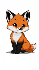 Cute Baby Fox Cartoon Illustration – Sitting Red Fox with Fluffy Tail on White Background