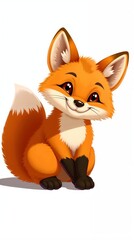 Cute Baby Fox Cartoon Illustration – Sitting Fox with Fluffy Tail on White Background