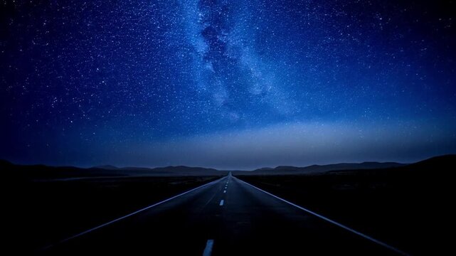 Long exposure of Milky Way over empty desert highway with trailing car lights, surreal night sky photography with copy space