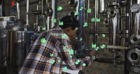 Technician entering plant and adjusting valve, tuning pressure with pulsing green analytics icons