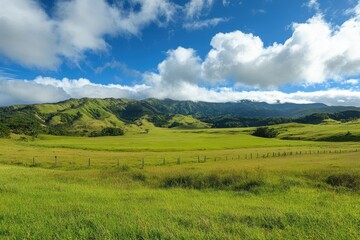 Obraz premium Lush green field under a bright sky with fluffy clouds surrounding distant mountains, serenity, green field and sky with clouds