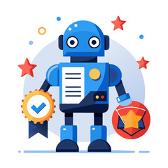 Friendly Blue Robot Holding Quality Award and Star Badge:  Flat Design Illustration