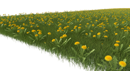 Field of dandelions in full bloom green and yellow png, transparent, white background, ai generated, 