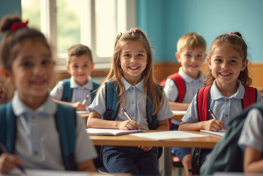 Groupe d&rsquo;&eacute;coliers souriants en uniformes, assis &agrave; des pupitres avec sacs &agrave; dos, papiers et crayons, dans une classe lumineuse
