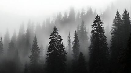Dark evergreen forest shrouded in dense white fog creating a mysterious and atmospheric scene trees