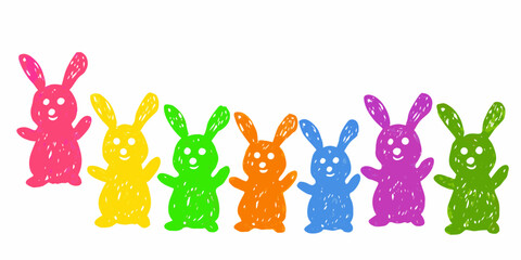A cheerful line of colorful hand drawn bunnies