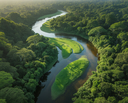 Winding river through dense green jungle canopy at sunrise