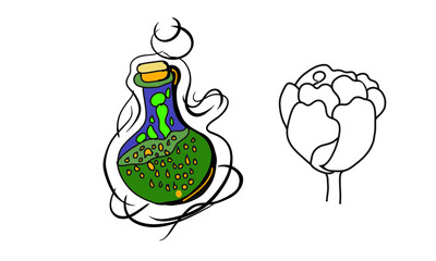 Toxic Potion and Floral Outline, Magic Elixir Bottle and Flower, Mystical Poison Flask Art, Witchcraft and Nature Line Art