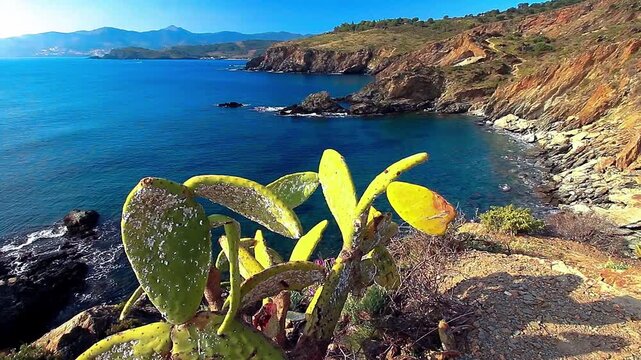 Video still shot of the Cap B&eacute;ar Customs Trail overlooking the Mediterranean Sea in Banyuls in the South of France, with waves and cliffs under a beautiful blue sky.
