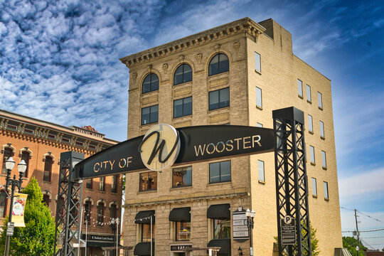 Welcome sign for the city or Wooster Ohio USA 2025. Part of the Downtown Streetscape Project - Phase 1.