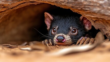 Curious young marsupial peering from a log hollow