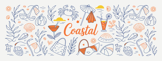 Vector illustration of a tropical beach background with palm trees, sun, and butterflies