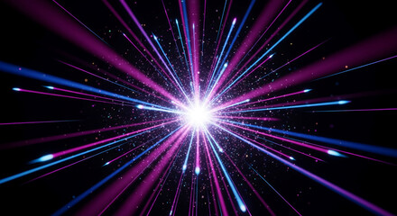 Abstract image of radiating purple and blue light streaks on black background, creating dynamic, energetic visual, ideal for futuristic or technology themes
