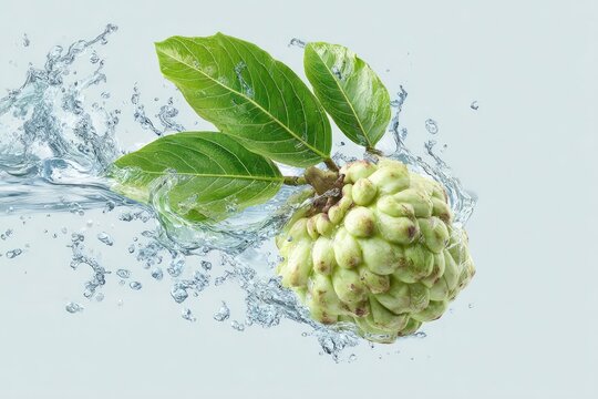 A vibrant green nance fruit, adorned with lush leaves, is dynamically captured mid-splash in a refreshing surge of clear water against a muted gray backdrop