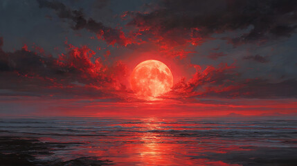 Crimson celestial orb illuminating fiery clouds over dark ocean waves red moon dramatic sky