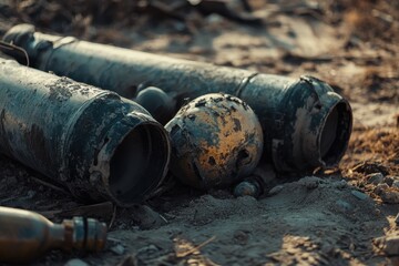 Abandoned mortar gun and shell remnants in a forgotten landscape, A close-up view of an abandoned mortar gun and unused mortar bombs