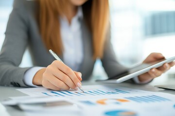Financial data analysis conducted by a businesswoman in a modern office environment, financial data processing over caucasian businesswoman in office