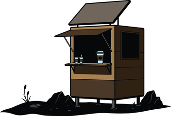 Vector illustration of a sustainable solar-powered coffee kiosk: eco-friendly design for outdoor cafes and mobile businesses promoting green energy and environmental consciousness.
